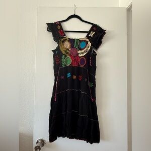 Colorful Embroidered Black Dress